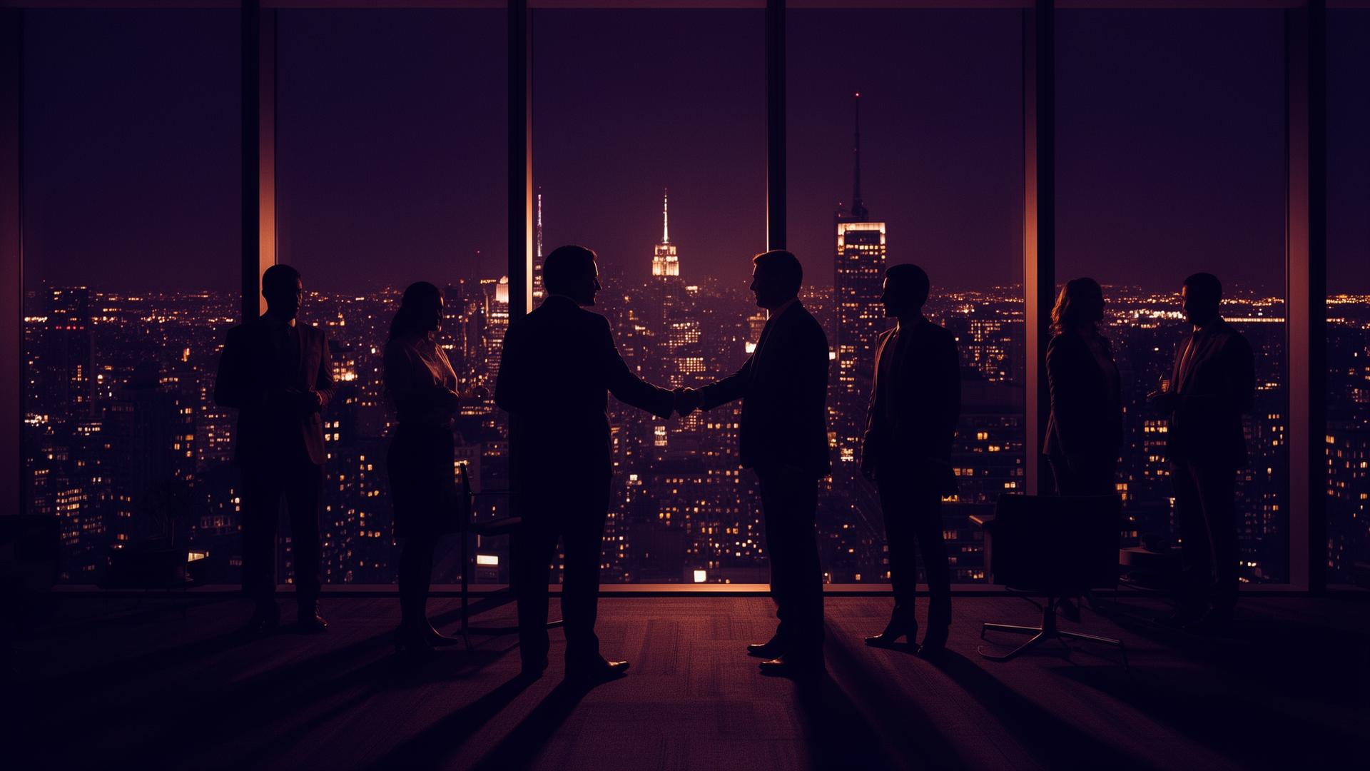Business professionals shaking hands overlooking a city skyline